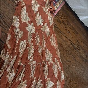 Anthropologie Rust and Gold Leaf Dress